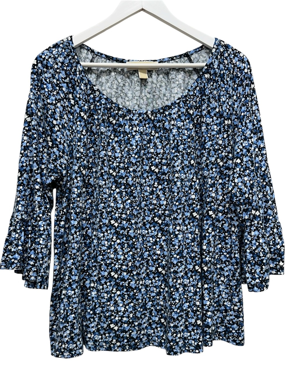 Michael Kors Peasant Cottage Blue Floral Top Blouse Sz L Bell Sleeve Stretch